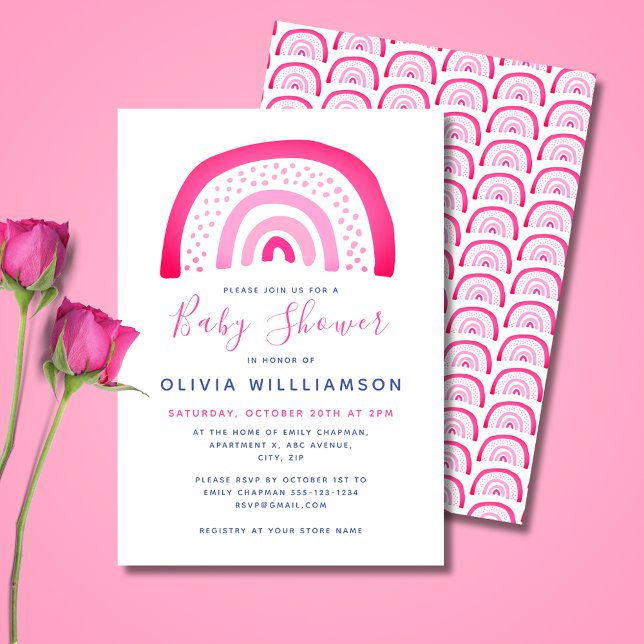 Modern pink rainbow baby shower invitation (Cute pink girls' rainbow, baby shower invitations and matching party range. 
)