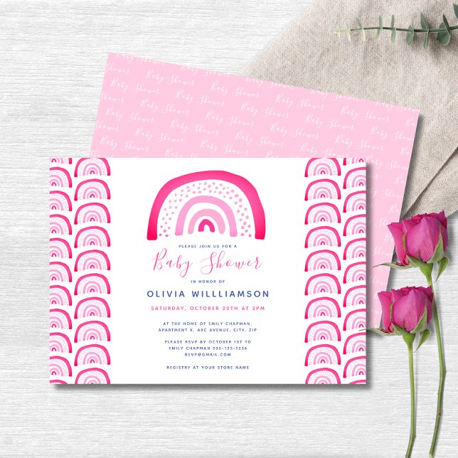Modern Pink Rainbow Baby Shower Invitation (Pink rainbow baby shower landscape invitation.  Matching accessories and party range available.)