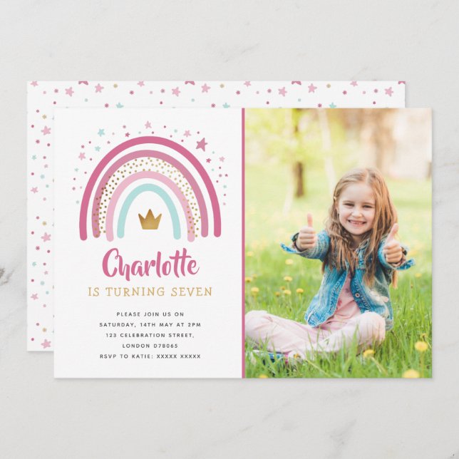 Modern Pink Rainbow Birthday Party Invitation (Front/Back)