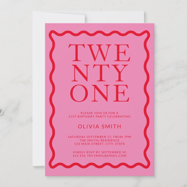 Modern Pink Red 21st Birthday Invitation (Front)