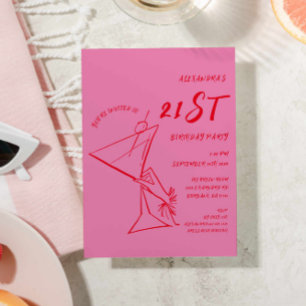 Modern Pink Red 21st Birthday Invitation