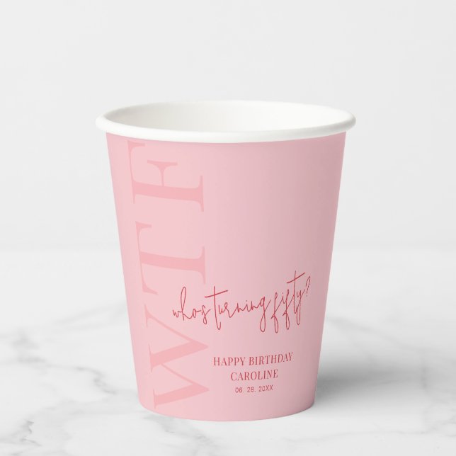 Modern Pink Red 50th Birthday Paper Cups (Front)
