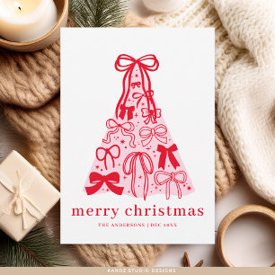 Modern Pink Red Bow Christmas Flat Holiday Card