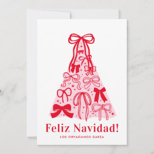 Modern Pink Red Bow Feliz Navidad Holiday Card