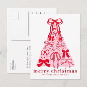 Modern Pink Red Bow Merry Christmas Holiday Card