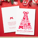 Modern Pink Red Bow Merry Christmas Holiday Card<br><div class="desc">Modern Merry Pink & Red Bow Tree Flat Holiday Card – Personalised Festive Fun Send stylish holiday cheer with this trendy flat Christmas card, featuring a playful hand-sketched tree topped with a bold red bow and soft pastel pink accents. The modern design blends festive fun with a chic, minimalist aesthetic,...</div>