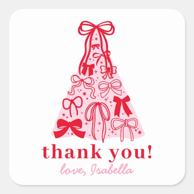 Modern Pink Red Bow Thank You Square Sticker (Front)