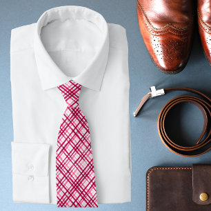 Modern Pink Red Brushstroke Plaid Wedding Tie
