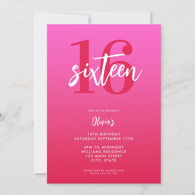 Modern Pink Red Elegant 16th Birthday Invitation (Front)