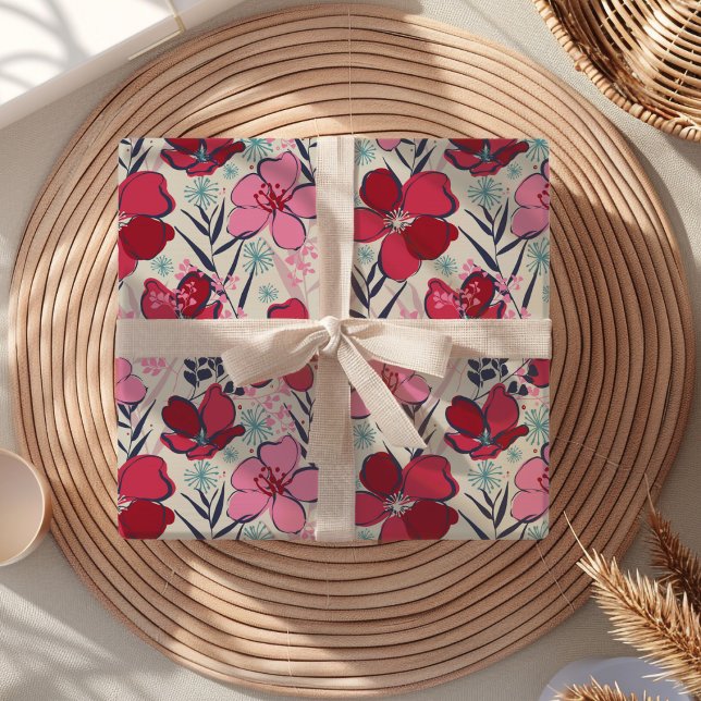 Modern Pink & Red Floral Birthday Wrapping Paper (Creator Uploaded)
