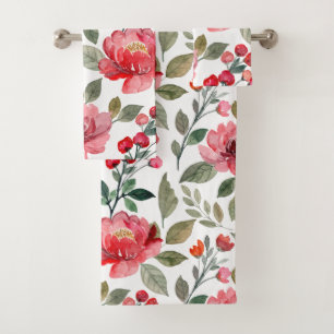 Modern Pink Red Floral Botanical Pattern Bath Towel Set