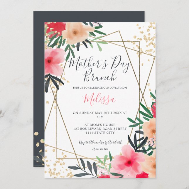Modern pink red floral gold mother's day brunch invitation (Front/Back)