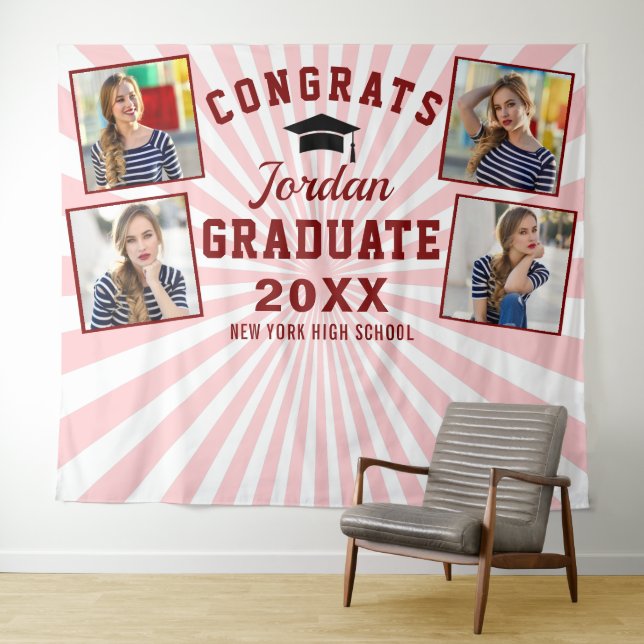 Modern Pink Red Graduation 4 Photo Booth Backdrop Tapestry (In Situ (Horizontal))
