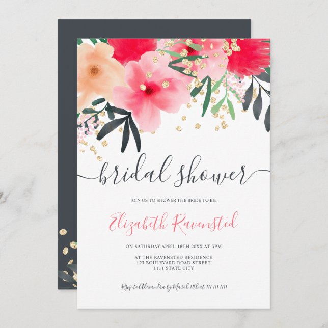 Modern pink red green floral gold bridal shower invitation (Front/Back)