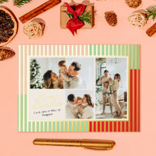Modern Pink Red Green Striped Photo Foil Holiday Card