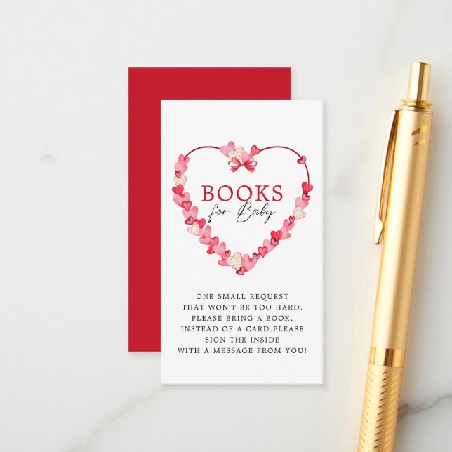Modern Pink Red Hearts Baby Shower Books for Baby Enclosure Card (Front/Back In Situ)