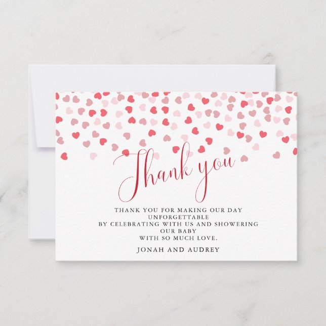 Modern Pink Red Hearts Baby Shower  Thank You Card (Front)