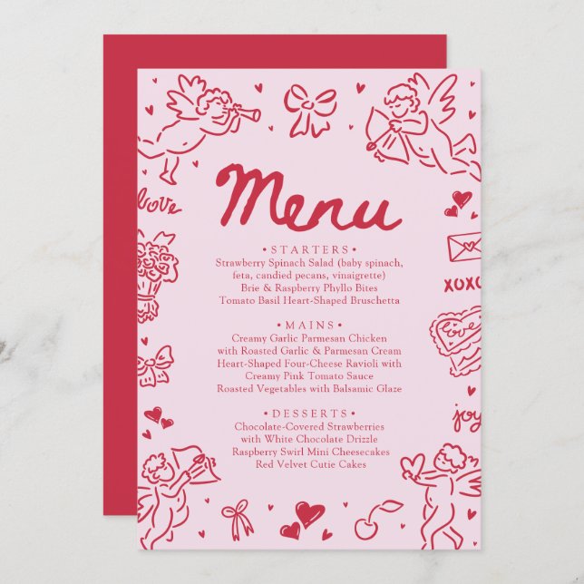 Modern Pink Red Hearts Hand Drawn Valentine Menu (Front/Back)