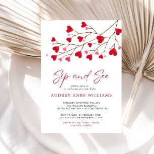 Modern Pink Red Hearts Sip and See Invitation