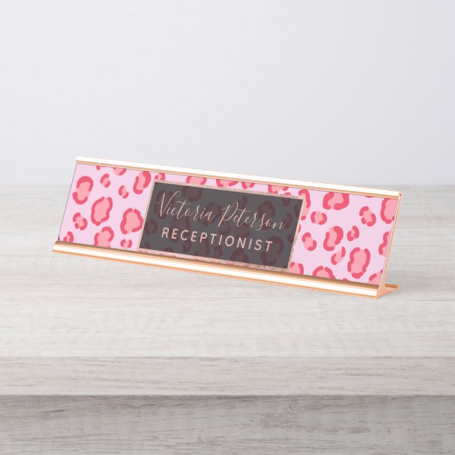 Modern pink red leopard spots pattern illustration desk name plate (Front)