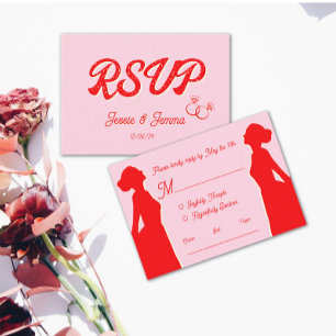 Modern Pink & Red Lesbian Wedding RSVP  Card
