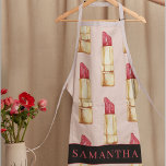 Modern Pink & Red Lipstick Pattern Girly With Name Apron<br><div class="desc">Modern Pink & Red Lipstick Pattern Girly With Name</div>