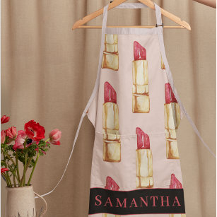 Modern Pink & Red Lipstick Pattern Girly With Name Apron