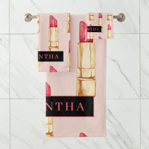 Modern Pink & Red Lipstick Pattern Girly With Name Bath Towel Set