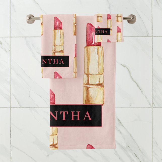 Modern Pink & Red Lipstick Pattern Girly With Name Bath Towel Set (Creator Uploaded)