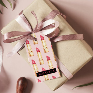 Modern Pink & Red Lipstick Pattern Girly With Name Gift Tags