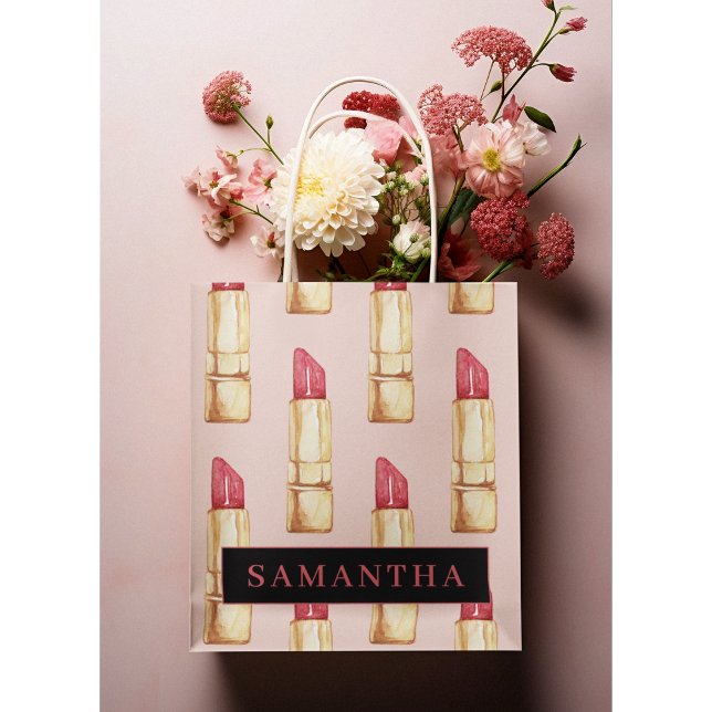 Modern Pink & Red Lipstick Pattern Girly With Name Large Gift Bag (Creator Uploaded)