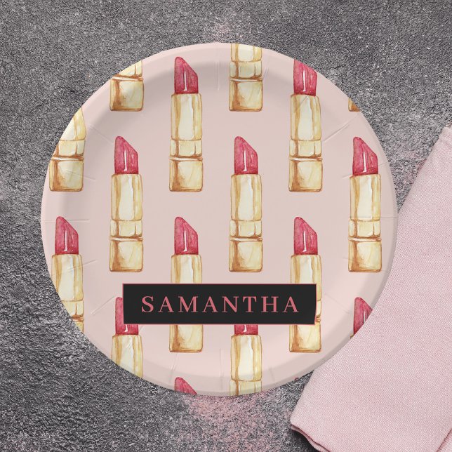 Modern Pink & Red Lipstick Pattern Girly With Name Paper Plate (Creator Uploaded)