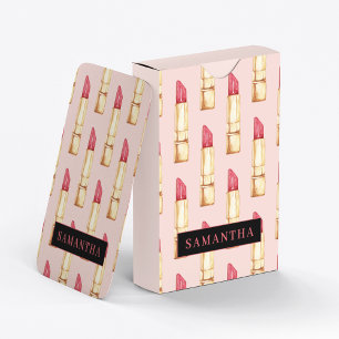 Modern Pink & Red Lipstick Pattern Girly With Name Playing Cards