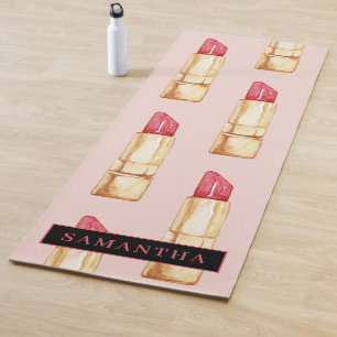 Modern Pink & Red Lipstick Pattern Girly With Name Yoga Mat