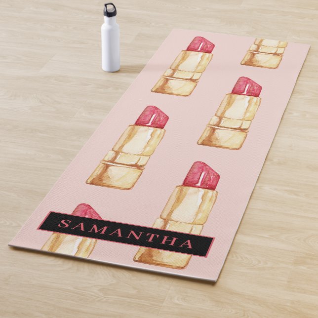 Modern Pink & Red Lipstick Pattern Girly With Name Yoga Mat (In Situ)