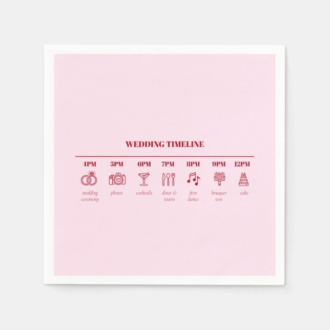 Modern Pink Red Minimal Wedding Timeline Details Napkin (Front)