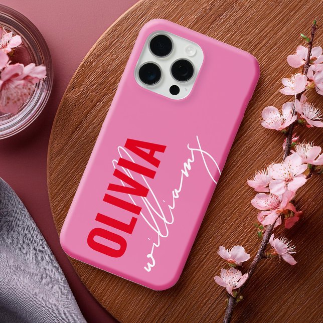 Modern Pink Red Name Monogram iPhone Case (Creator Uploaded)