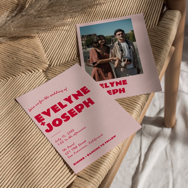 Modern Pink Red Retro Bold Funky Photo Wedding Invitation (Creator Uploaded)