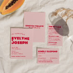 Modern Pink Red Retro Bold Funky Unique Wedding Invitation<br><div class="desc">This wedding invitation is perfect for your wedding if you are looking for an elegant unique and easy editable invitation .An elegant unique simple minimalist cream wedding template invitation. Which features plain warm pink background. And red magenta bold bride's and groom's first names and hand written red text . and...</div>