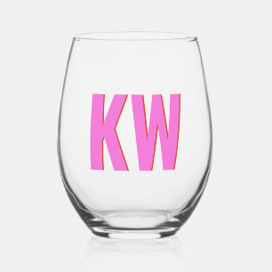Modern Pink Red Shadow Monogram Personalised Stemless Wine Glass