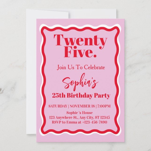 Modern Pink Red Wave Curve 25th Birthday Party Invitation (Front)