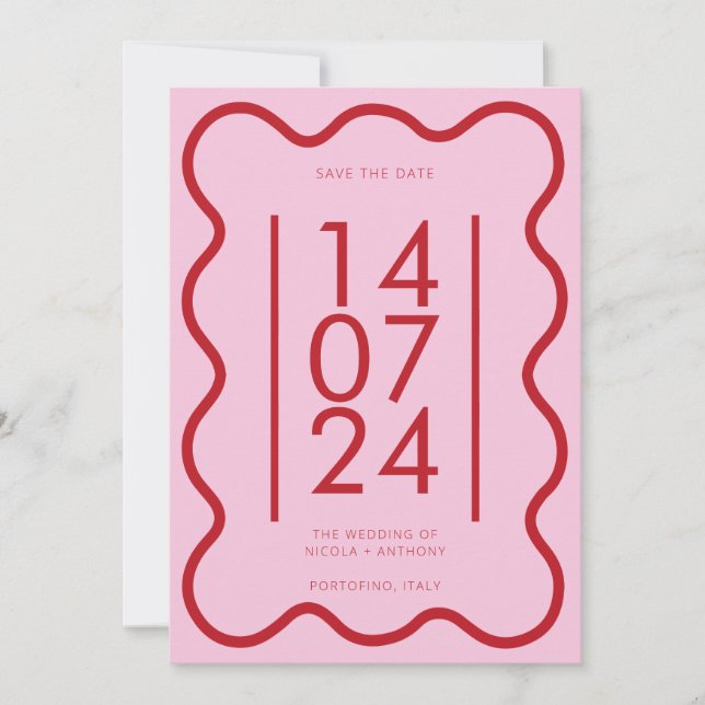 Modern pink red wavy border wedding save the date invitation (Front)