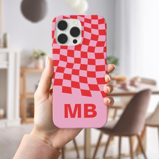 Modern Pink Red Wavy Chequered Pattern Monogram Case-Mate iPhone Case (Creator Uploaded)