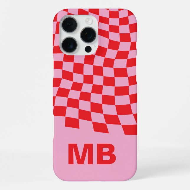 Modern Pink Red Wavy Chequered Pattern Monogram iPhone Case (Back)