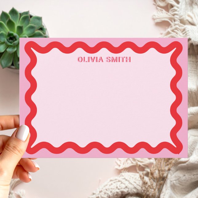 Modern Pink Red Wavy Line Border Monogram Name Card (Creator Uploaded)