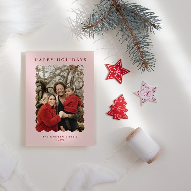 Modern Pink & Red Wavy Photo  Holiday Card (Creator Uploaded)