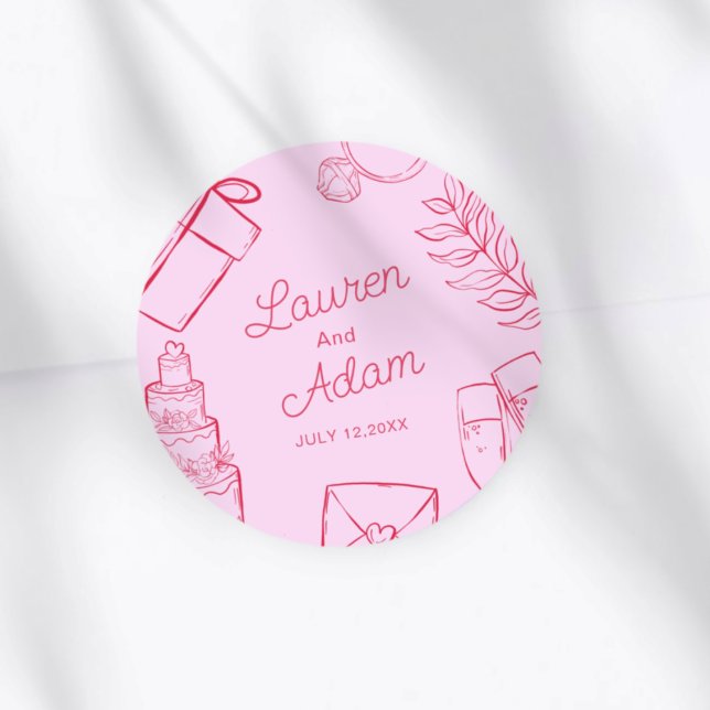 Modern Pink & Red Wedding sketch Favor Classic Round Sticker (Creator Uploaded)