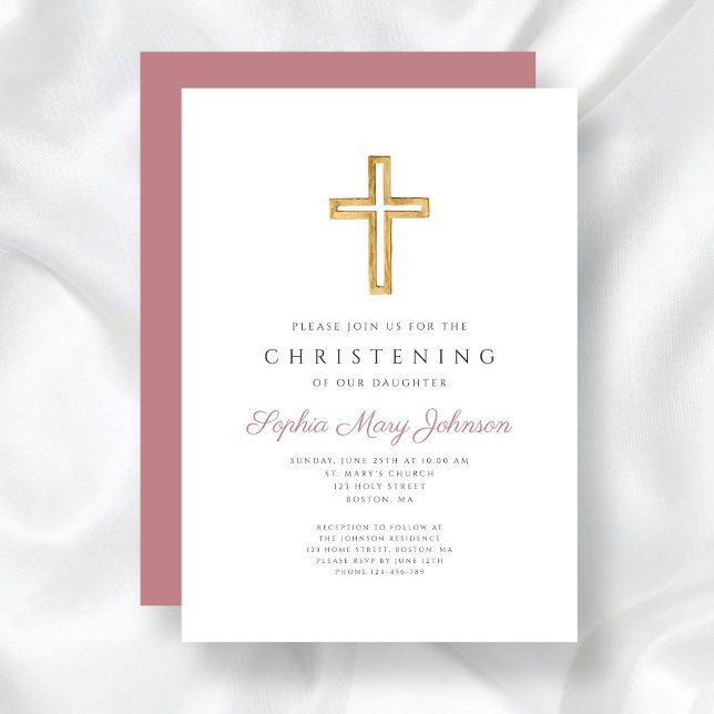 Modern Pink Religious Cross Girl Christening Invitation (Modern Pink Religious Cross Girl Christening Invitation)