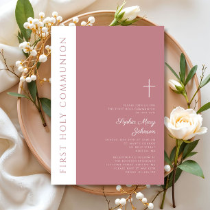 Modern Pink Religious Cross Girl First Communion Invitation