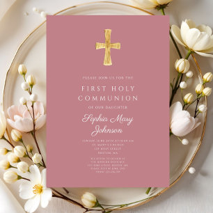 Modern Pink Religious Cross Girl First Communion Invitation